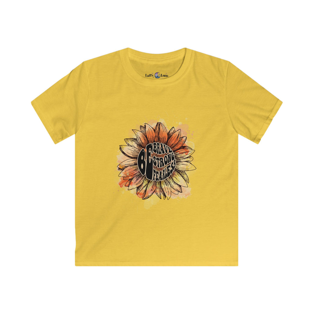 Be Brave, Strong, Fearless Floral Kids Tee - Cheerful Yellow T-Shirt for Empowerment - Uplifting and Stylish Apparel for Children