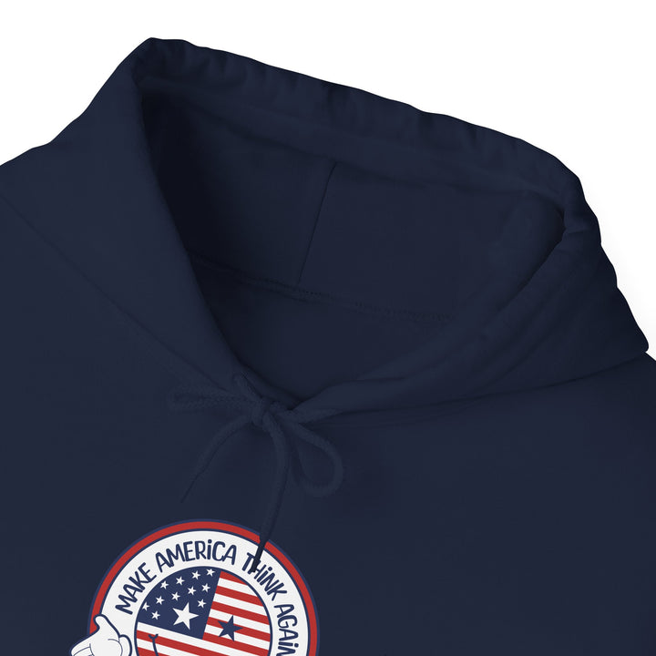 Patriotic Unisex Heavy Blend Hooded Sweatshirt - USA Flag Emblem - "Make America Think Again" - Funny Political Vote Apparel