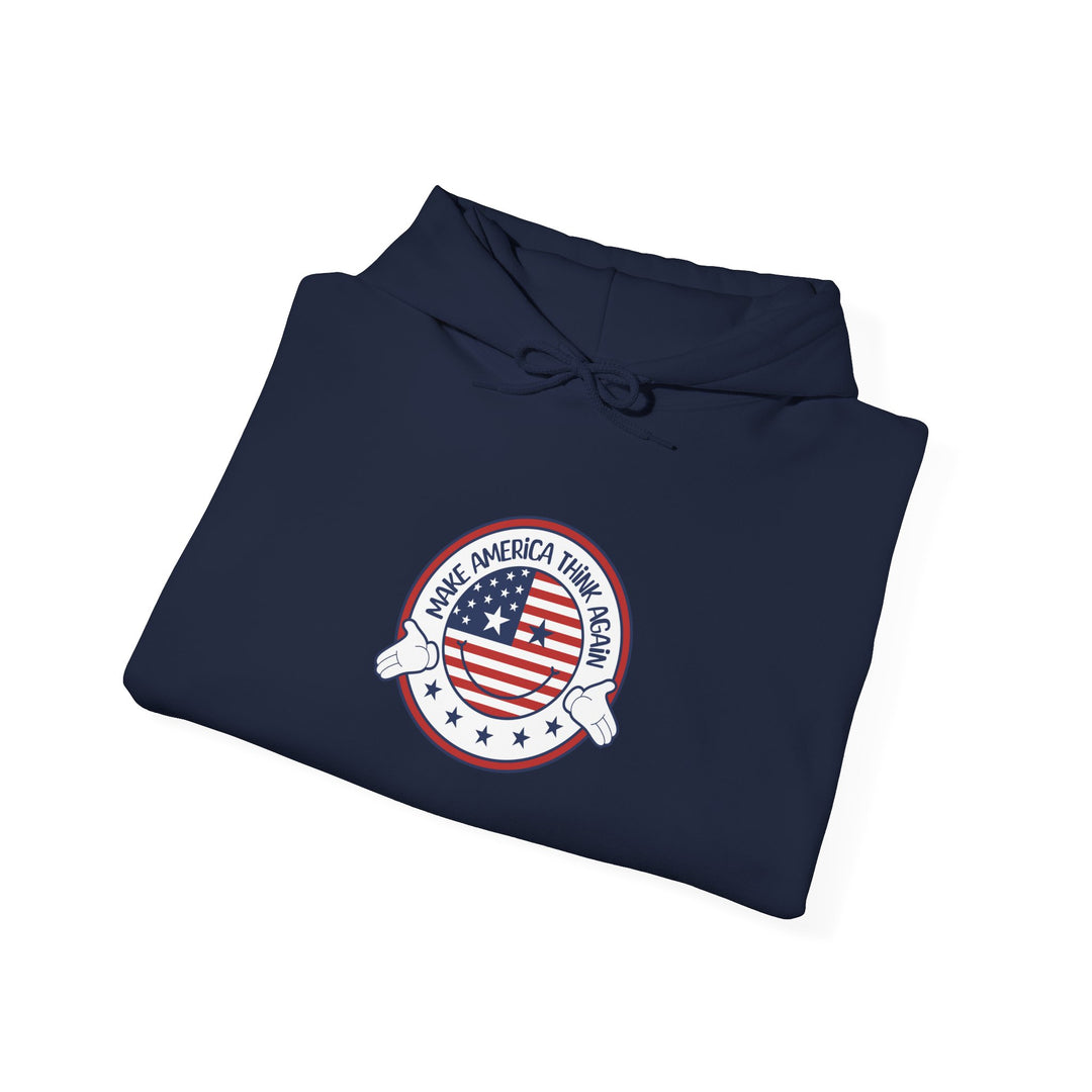 Patriotic Unisex Heavy Blend Hooded Sweatshirt - USA Flag Emblem - "Make America Think Again" - Funny Political Vote Apparel