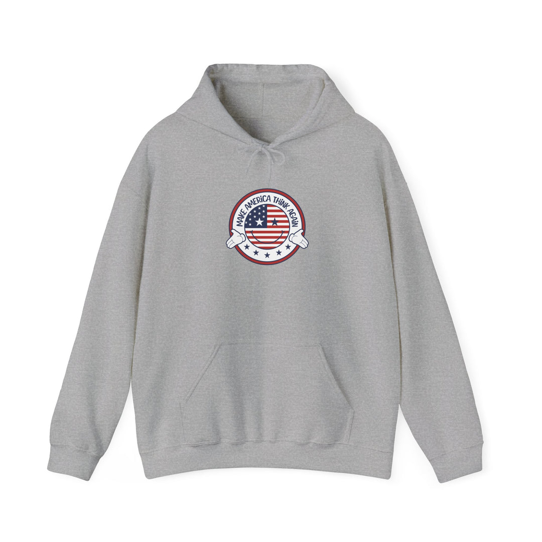 Patriotic Unisex Heavy Blend Hooded Sweatshirt - USA Flag Emblem - "Make America Think Again" - Funny Political Vote Apparel