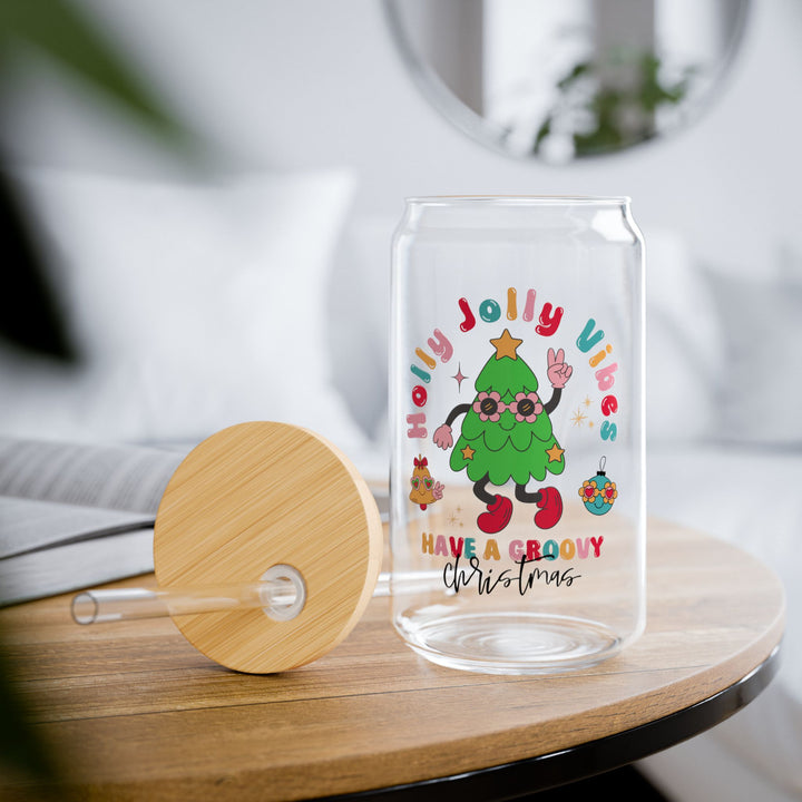 16oz Sipper Glass - "Holly Jolly Vibes" Festive Holiday Drinkware Gift - Bright and Playful Design for Fun and Functional Kitchenware