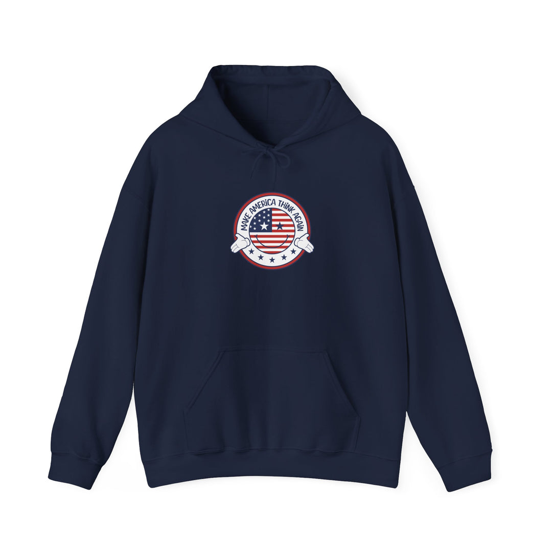 Patriotic Unisex Heavy Blend Hooded Sweatshirt - USA Flag Emblem - "Make America Think Again" - Funny Political Vote Apparel