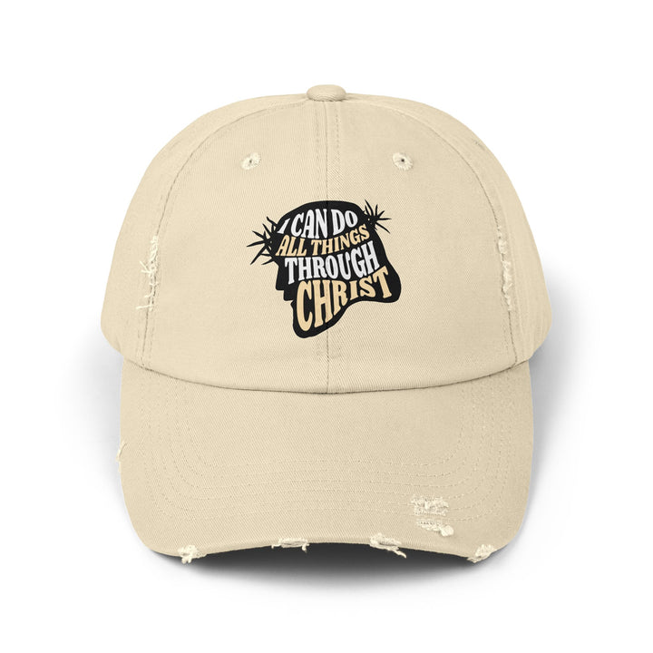 Inspirational Cap All Things Through Christ Baseball Hat Distressed Religious Quote Accessory Faith Based Apparel for Daily Motivation