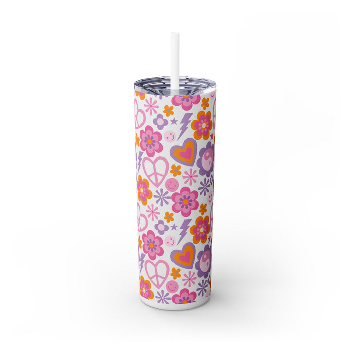 Retro Floral Peace Sign Skinny Tumbler with Straw - 20oz Travel Mug