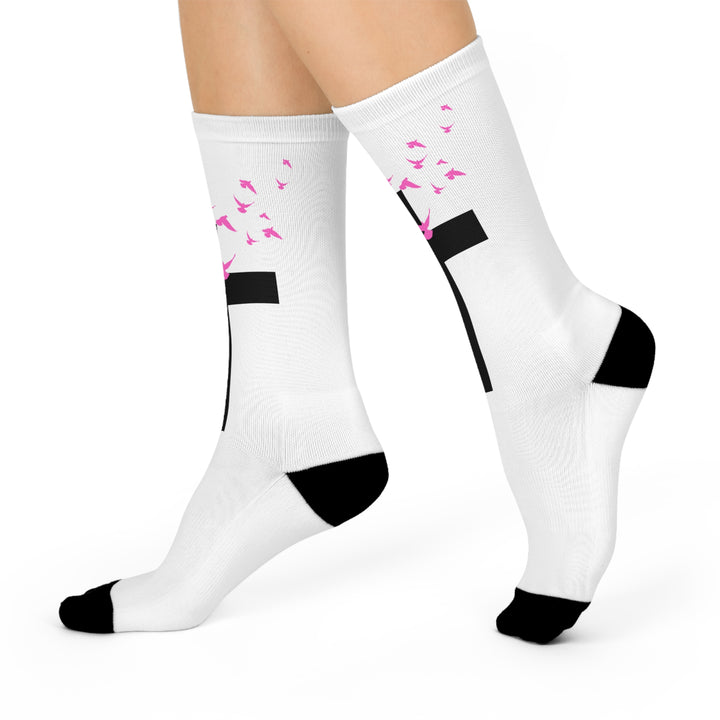 Inspirational Cushioned Crew Socks with Cross and Pink Birds