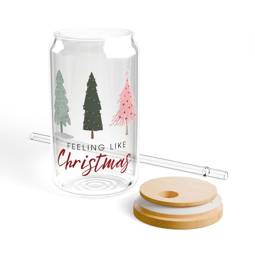 Christmas Themed Sipper Glass - 16oz with Holiday Trees and 'Feeling Like Christmas' Print