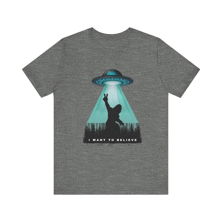 I Want to Believe Unisex Tee - Fun Retro Graphic T-Shirt Bigfoot Hide N Seek Champion