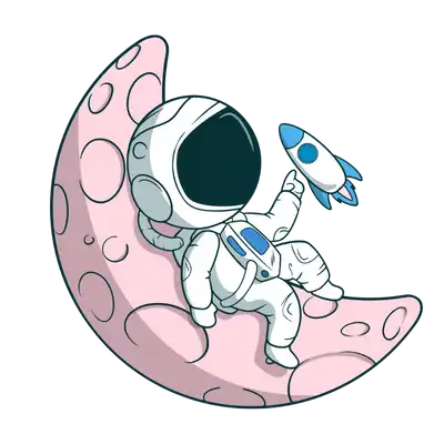 Astronaut sitting on pink moon holding rocket.