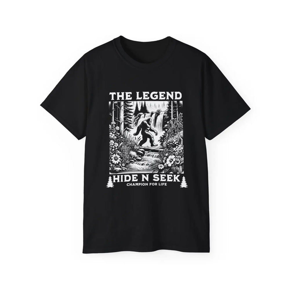 Bigfoot The Legend Hide N Seek Unisex Ultra Cotton Tee - Adventure & Nature Inspired Shirt - Guardian of - Black / S