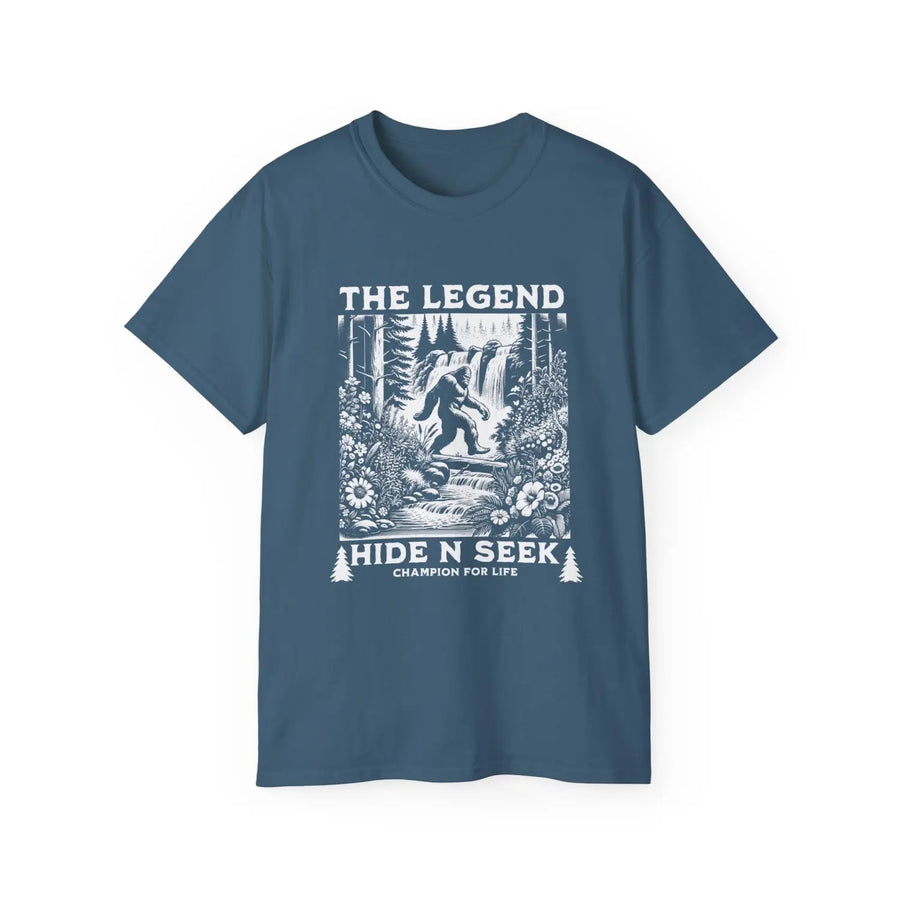 Bigfoot The Legend Hide N Seek Unisex Ultra Cotton Tee - Adventure & Nature Inspired Shirt - Guardian of - Indigo Blue