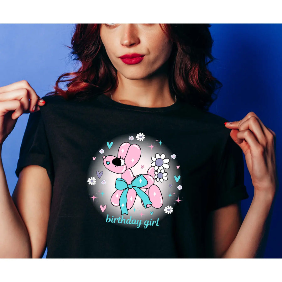 Birthday Girl Teen & Adult Balloon Animal T-Shirt Fun Celebration Graphic Tee Vibrant Party Shirt All Sizes (Teen Women