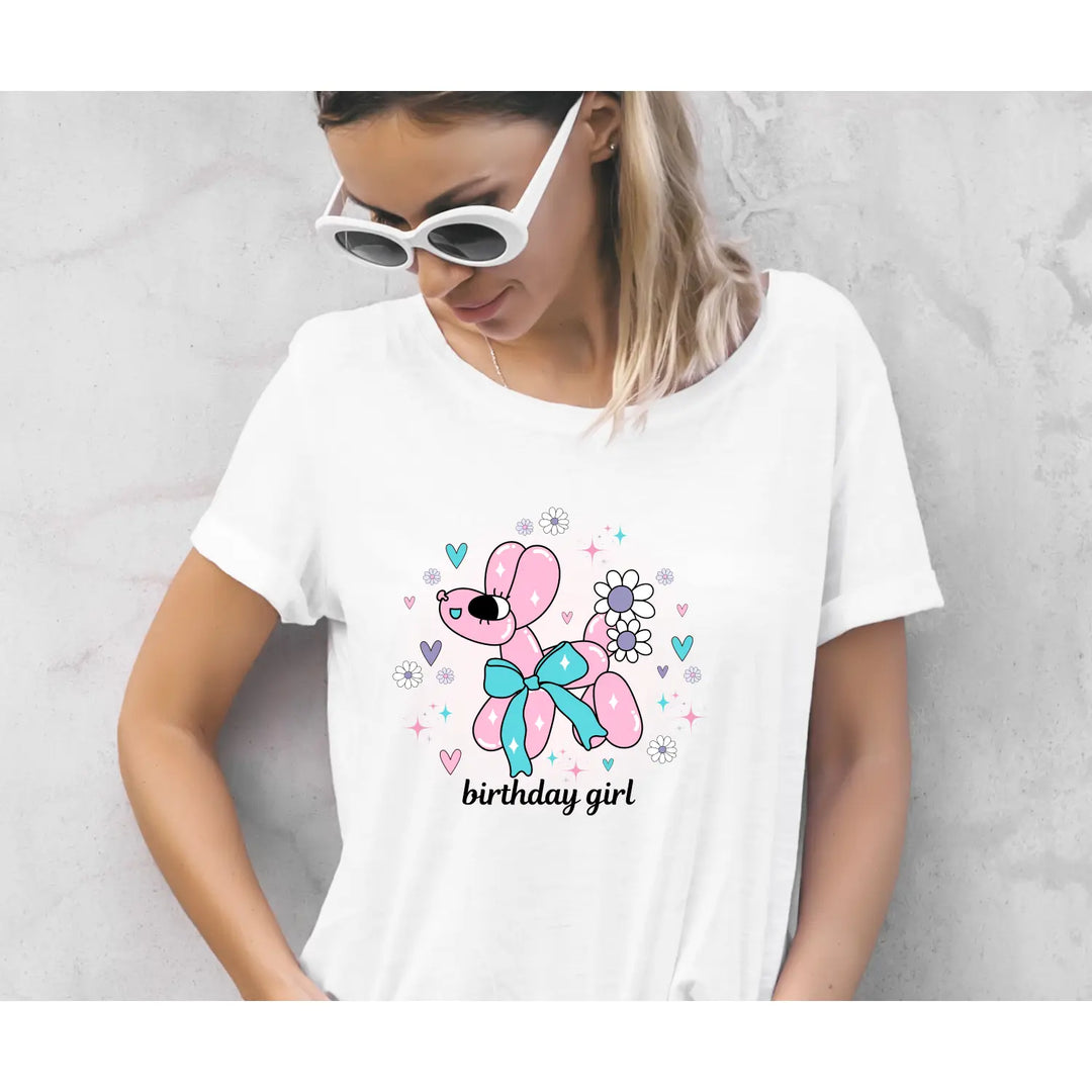 Birthday Girl Teen & Adult Balloon Animal T-Shirt Fun Celebration Graphic Tee Vibrant Party Shirt All Sizes (Teen Women
