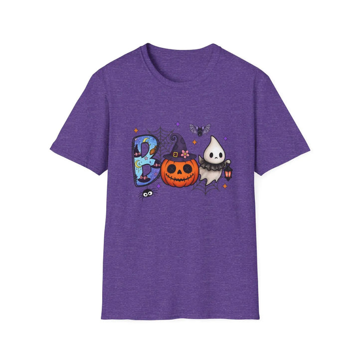 Boo Halloween Graphic Tee Unisex Softstyle T Shirt Spooky Party Wear Pumpkin Cute Ghost Costume Heather Purple / S