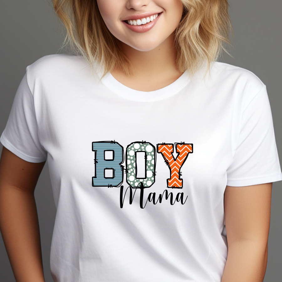 Boy Mama Fitted Womens T-Shirt Pattern Letters Proud Mom Life Tee Vibrant Blue with Script Perfect Gift for Mommy