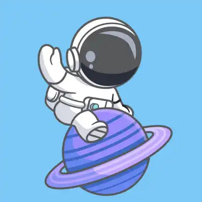 Cartoon astronaut on ringed planet.