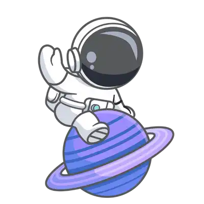 Cartoon astronaut riding a striped planet.
