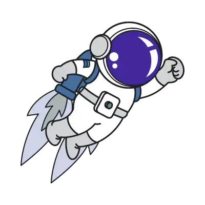 Cartoon astronaut in a white spacesuit with a purple visor and blue accents, propelled by a rocket pack.