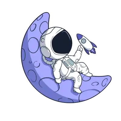 Cartoon astronaut in a white spacesuit holding a small rocket while sitting on a purple crescent moon.