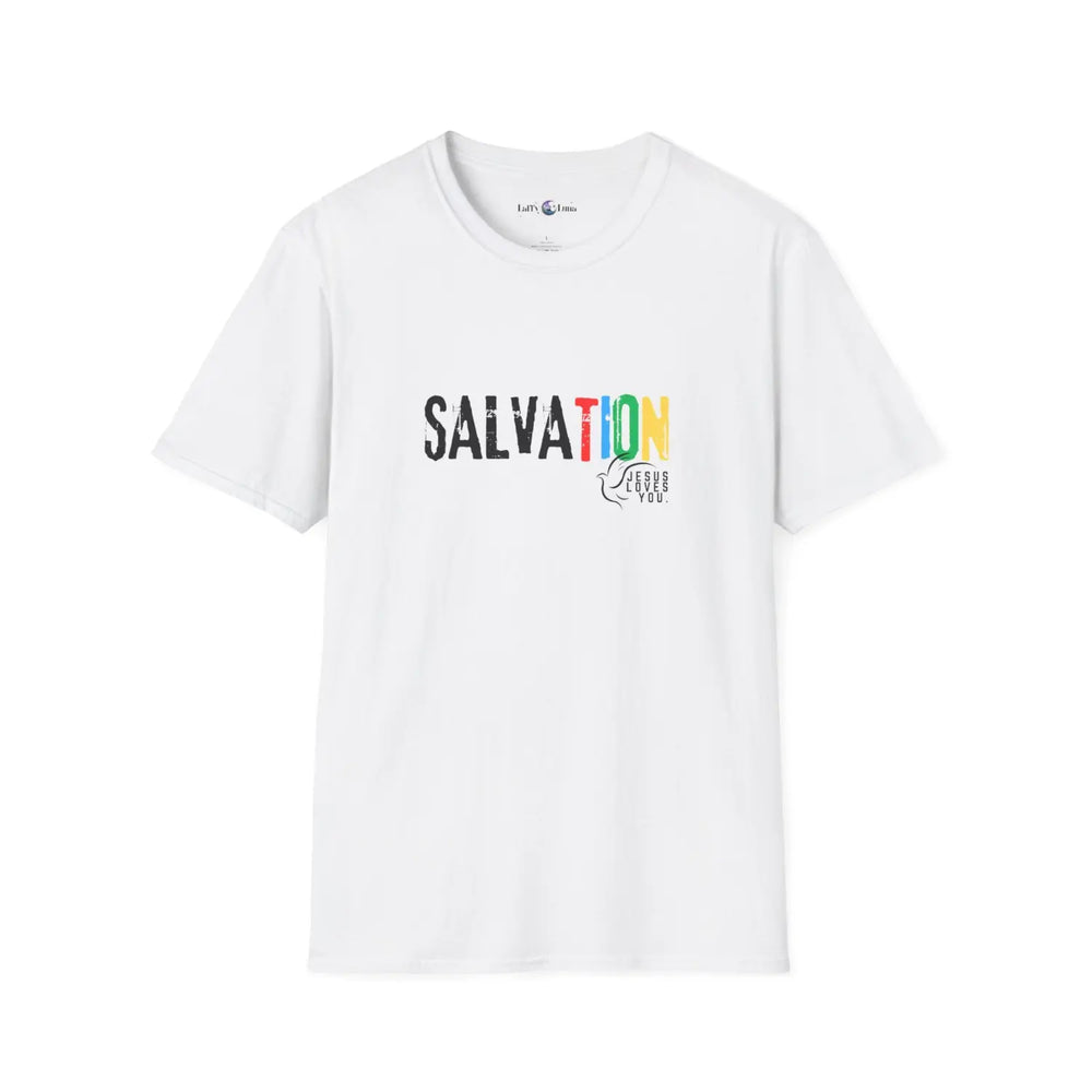 Colorful ’Salvation’ Unisex T-Shirt Casual Tee Summer Outfit Spiritual Gift Everyday Wear Festival Apparel - XS / White