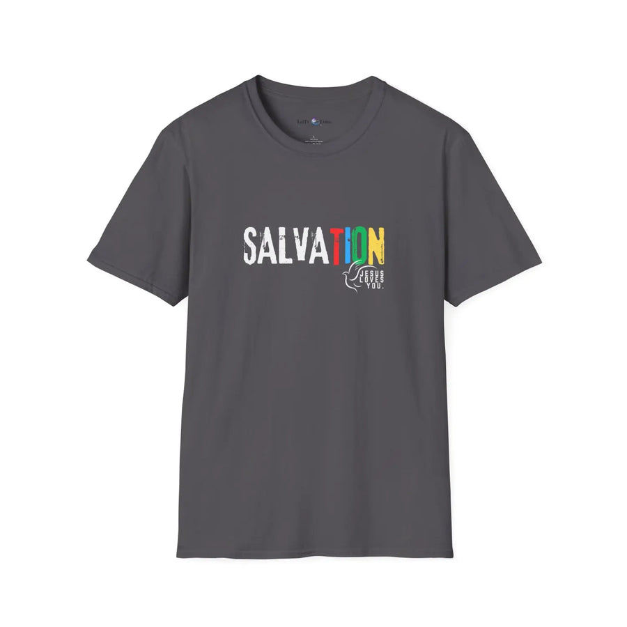 Colorful ’Salvation’ Unisex T-Shirt Casual Tee Summer Outfit Spiritual Gift Everyday Wear Festival Apparel - XS