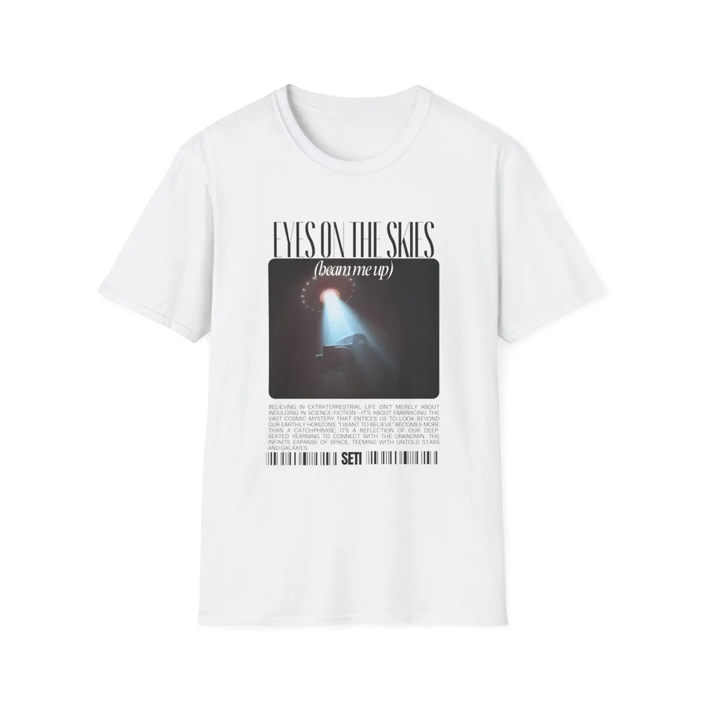 Cosmic Encounter Unisex Softstyle T-Shirt - UFO Graphic Tee - Y2K Eyes on the Sky Alien Invasion - XS / White