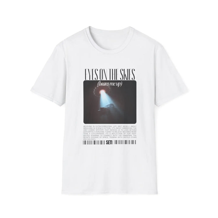 Cosmic Encounter Unisex Softstyle T-Shirt - UFO Graphic Tee - Y2K Eyes on the Sky Alien Invasion - XS / White