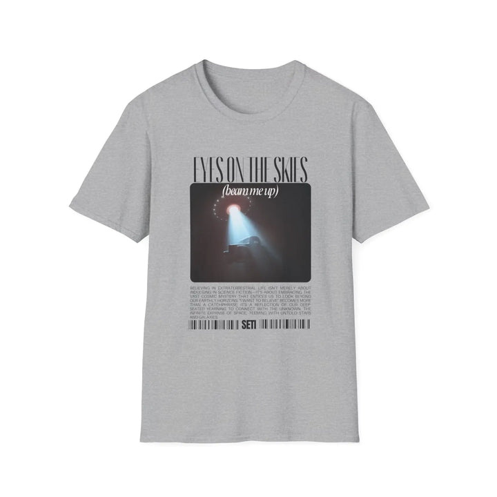 Cosmic Encounter Unisex Softstyle T-Shirt - UFO Graphic Tee - Y2K Eyes on the Sky Alien Invasion - XS / Sport Grey