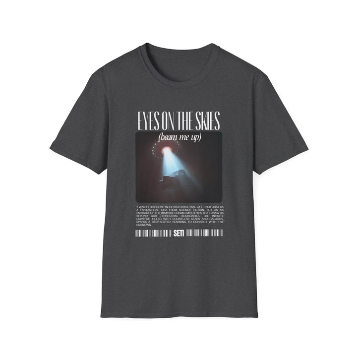 Cosmic Encounter Unisex Softstyle T-Shirt - UFO Graphic Tee - Y2K Eyes on the Sky Alien Invasion - XS / Dark Heather