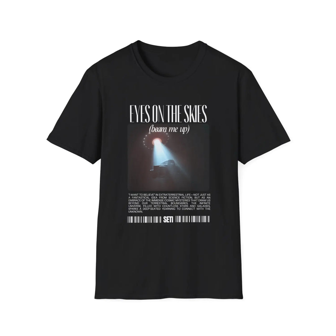Cosmic Encounter Unisex Softstyle T-Shirt - UFO Graphic Tee - Y2K Eyes on the Sky Alien Invasion - XS / Black