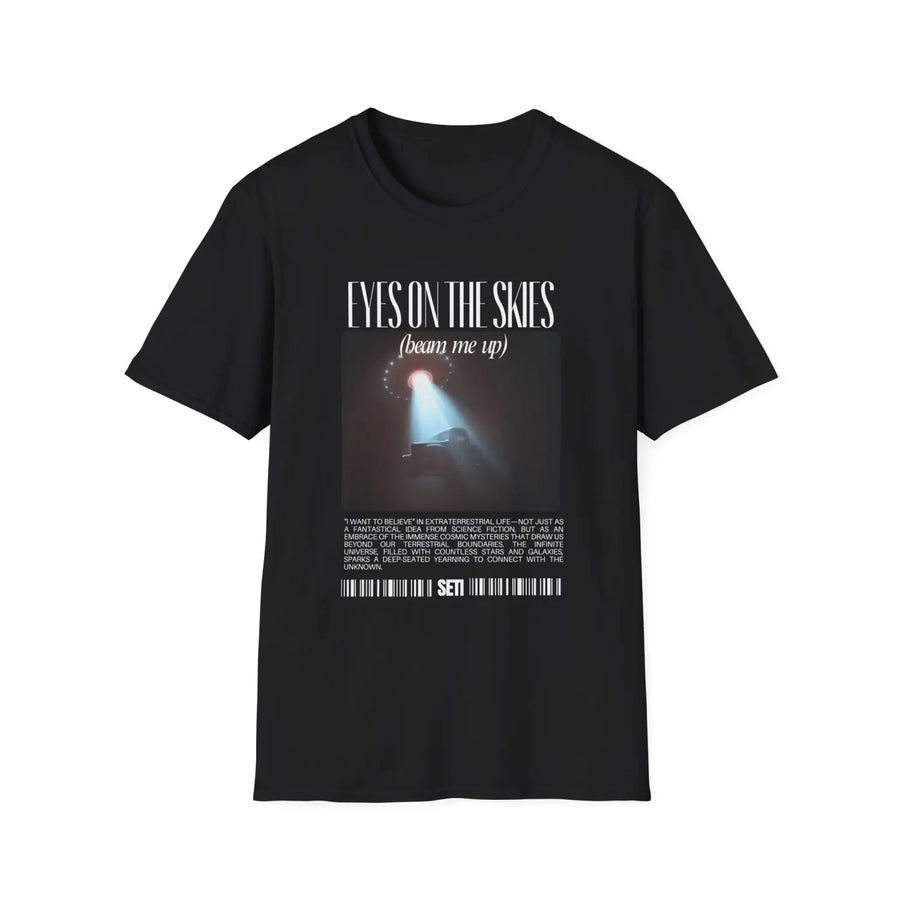 Cosmic Encounter Unisex Softstyle T-Shirt - UFO Graphic Tee - Y2K Eyes on the Sky Alien Invasion - XS / Black