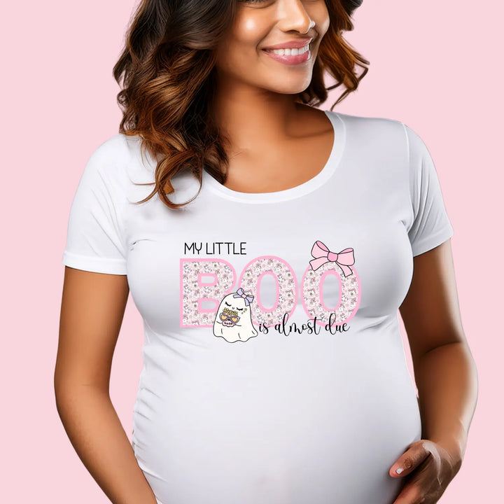 Cute Pregnancy Announcement T-Shirt My Little Boo Is Almost Due Tee New Mom Gift Baby Shower Photo Op Pink Ghost