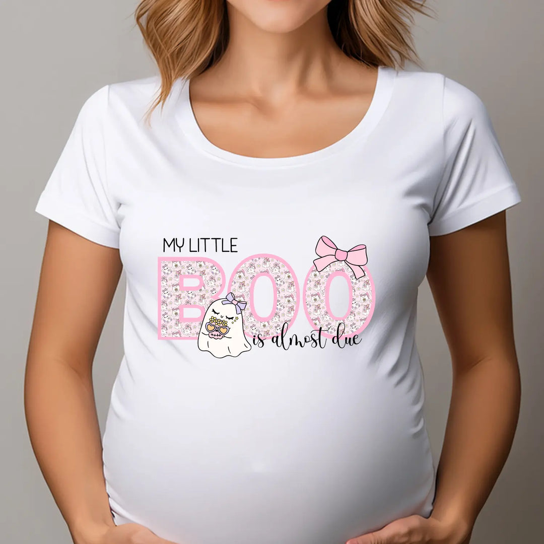 Cute Pregnancy Announcement T-Shirt My Little Boo Is Almost Due Tee New Mom Gift Baby Shower Photo Op Pink Ghost