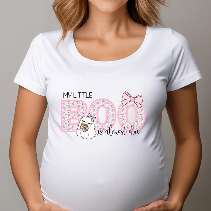 Cute Pregnancy Announcement T-Shirt My Little Boo Is Almost Due Tee New Mom Gift Baby Shower Photo Op Pink Ghost