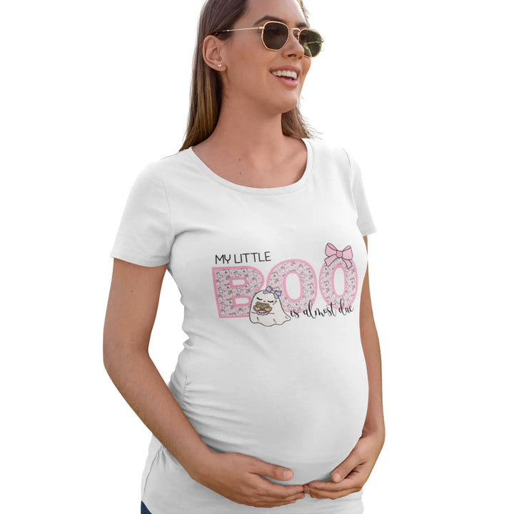 Cute Pregnancy Announcement T-Shirt My Little Boo Is Almost Due Tee New Mom Gift Baby Shower Photo Op Pink Ghost