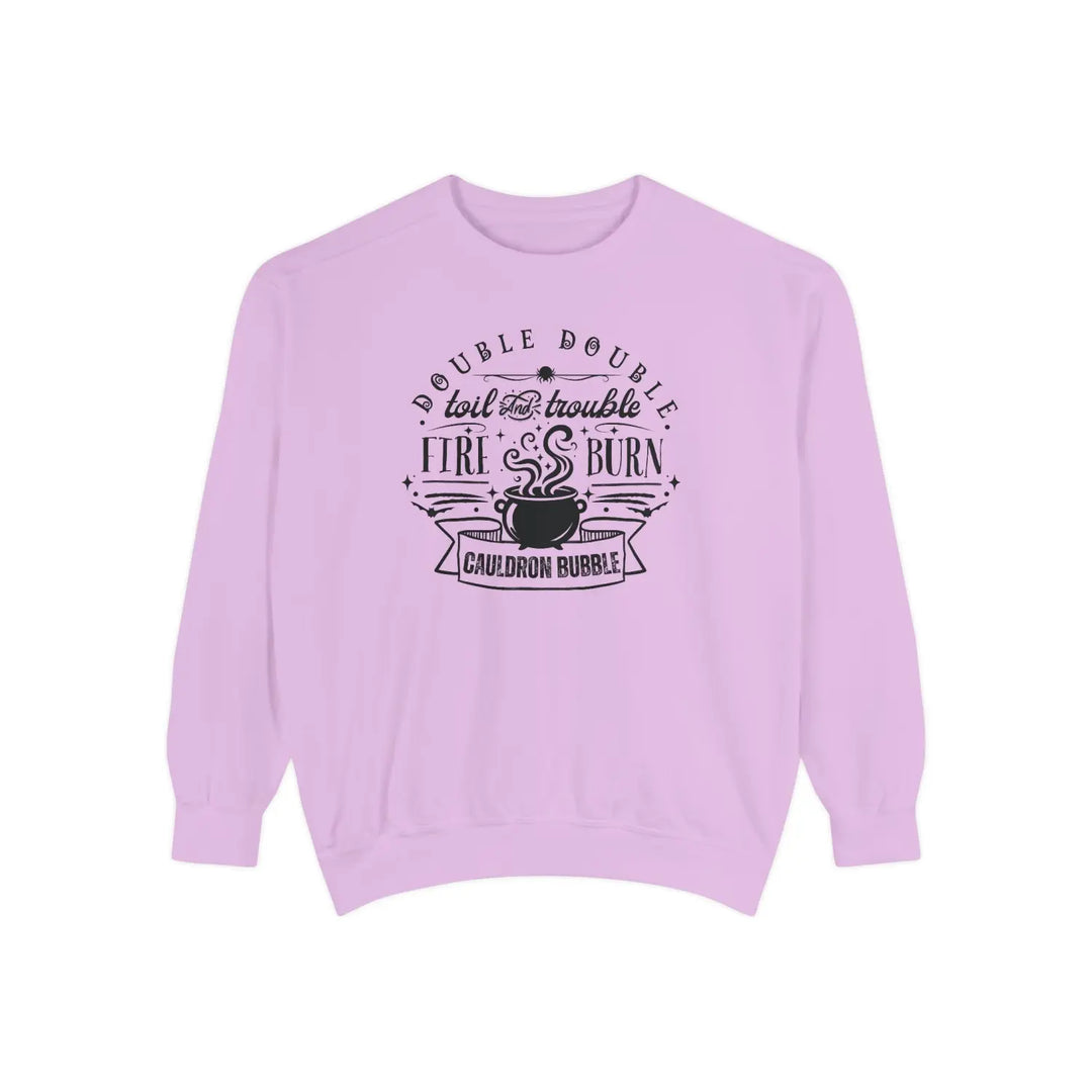 Double Trouble Cauldron Sweatshirt Unisex Cozy Pullover Witchy Apparel Gift for Halloween Fall Fashion Graphic Orchid