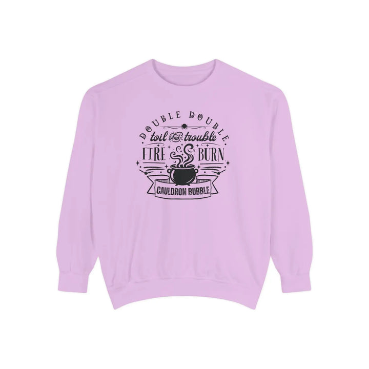 Double Trouble Cauldron Sweatshirt Unisex Cozy Pullover Witchy Apparel Gift for Halloween Fall Fashion Graphic Orchid