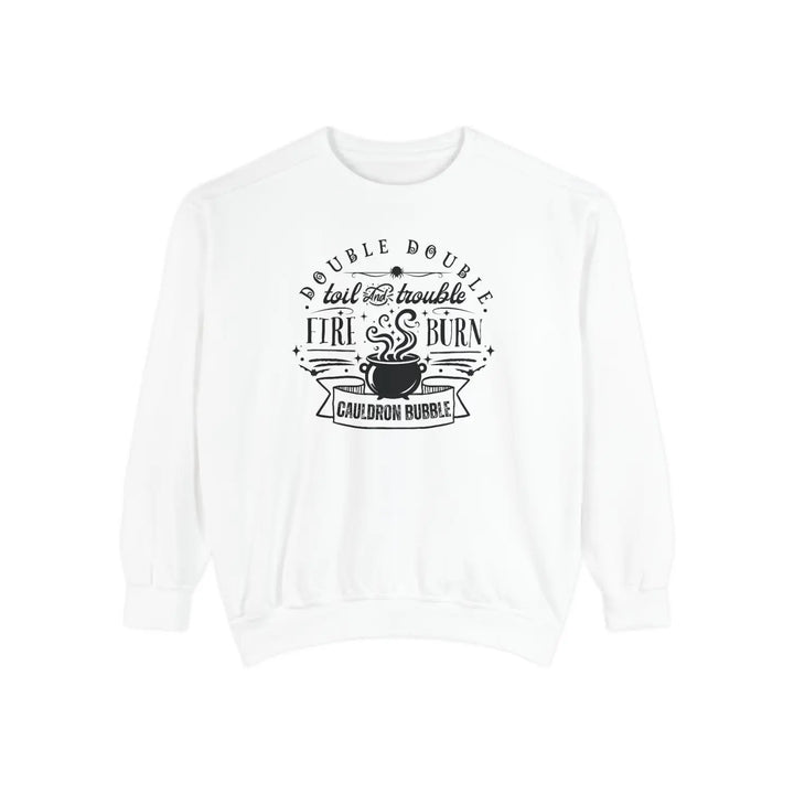 Double Trouble Cauldron Sweatshirt Unisex Cozy Pullover Witchy Apparel Gift for Halloween Fall Fashion Graphic White / S