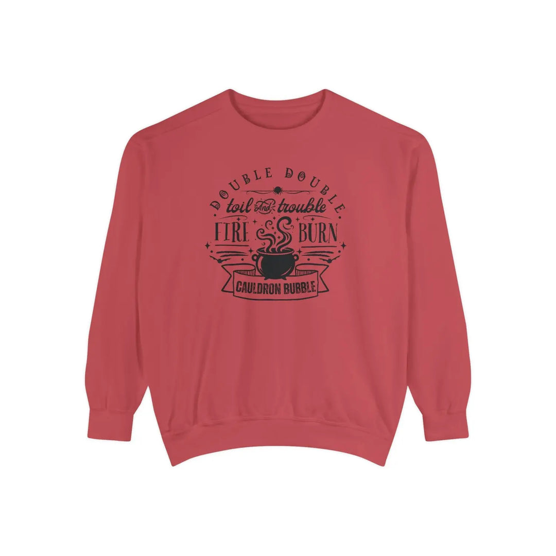 Double Trouble Cauldron Sweatshirt Unisex Cozy Pullover Witchy Apparel Gift for Halloween Fall Fashion Graphic Crimson