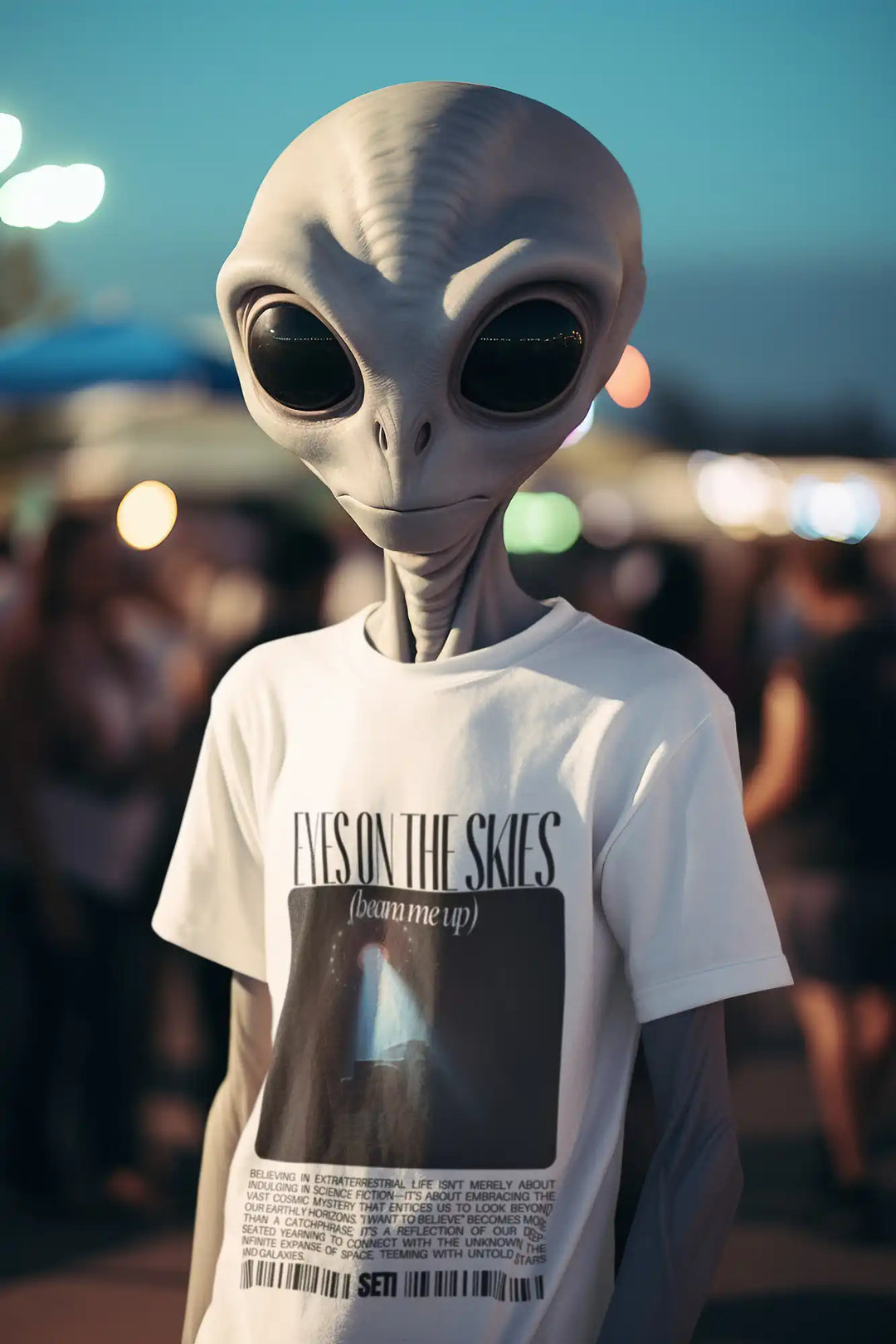 Grey alien figure wearing a white t-shirt with ’Eyes on the Skies’ text.