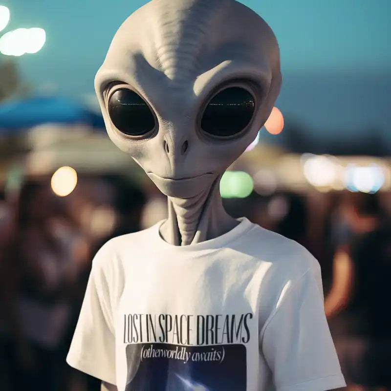 Grey alien figure wearing a white t-shirt with ’Listen Space Dreams’ text.