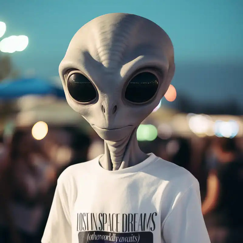 Grey alien figure wearing a white t-shirt with text about space dreams.