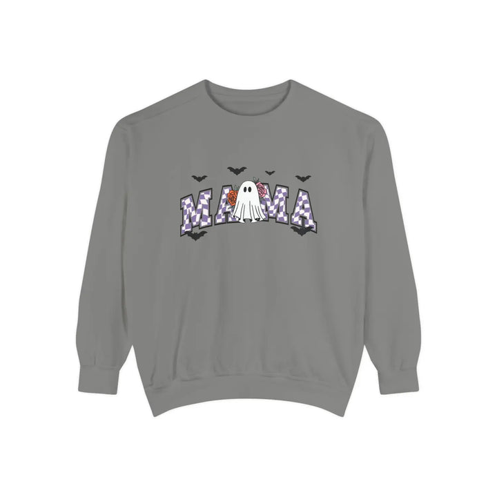 Halloween Ghost Sweatshirt for Moms Cozy Fall Outfit Unisex Garment Dyed Perfect Gift Spooky Season Grey / S