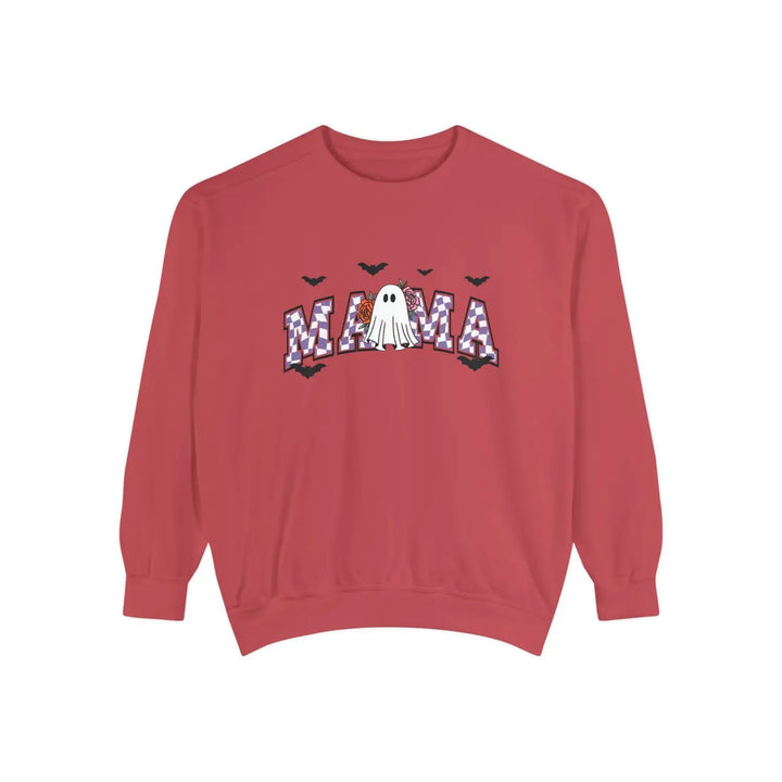 Halloween Ghost Sweatshirt for Moms Cozy Fall Outfit Unisex Garment Dyed Perfect Gift Spooky Season Crimson / S
