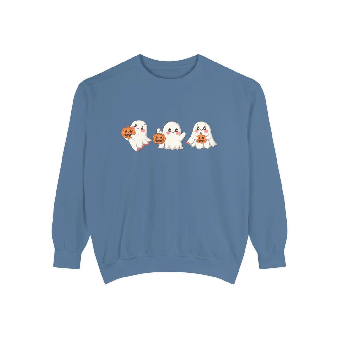 Halloween Ghosts Sweatshirt Cozy Unisex Fall Apparel Cute Ghost Design Gift Autumn Fashion Blue Jean / S