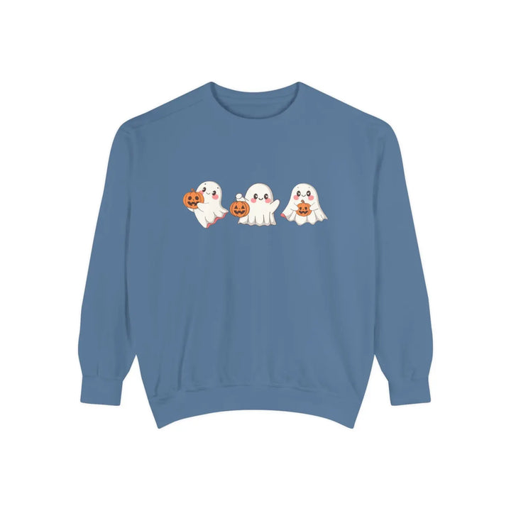 Halloween Ghosts Sweatshirt Cozy Unisex Fall Apparel Cute Ghost Design Gift Autumn Fashion Blue Jean / S