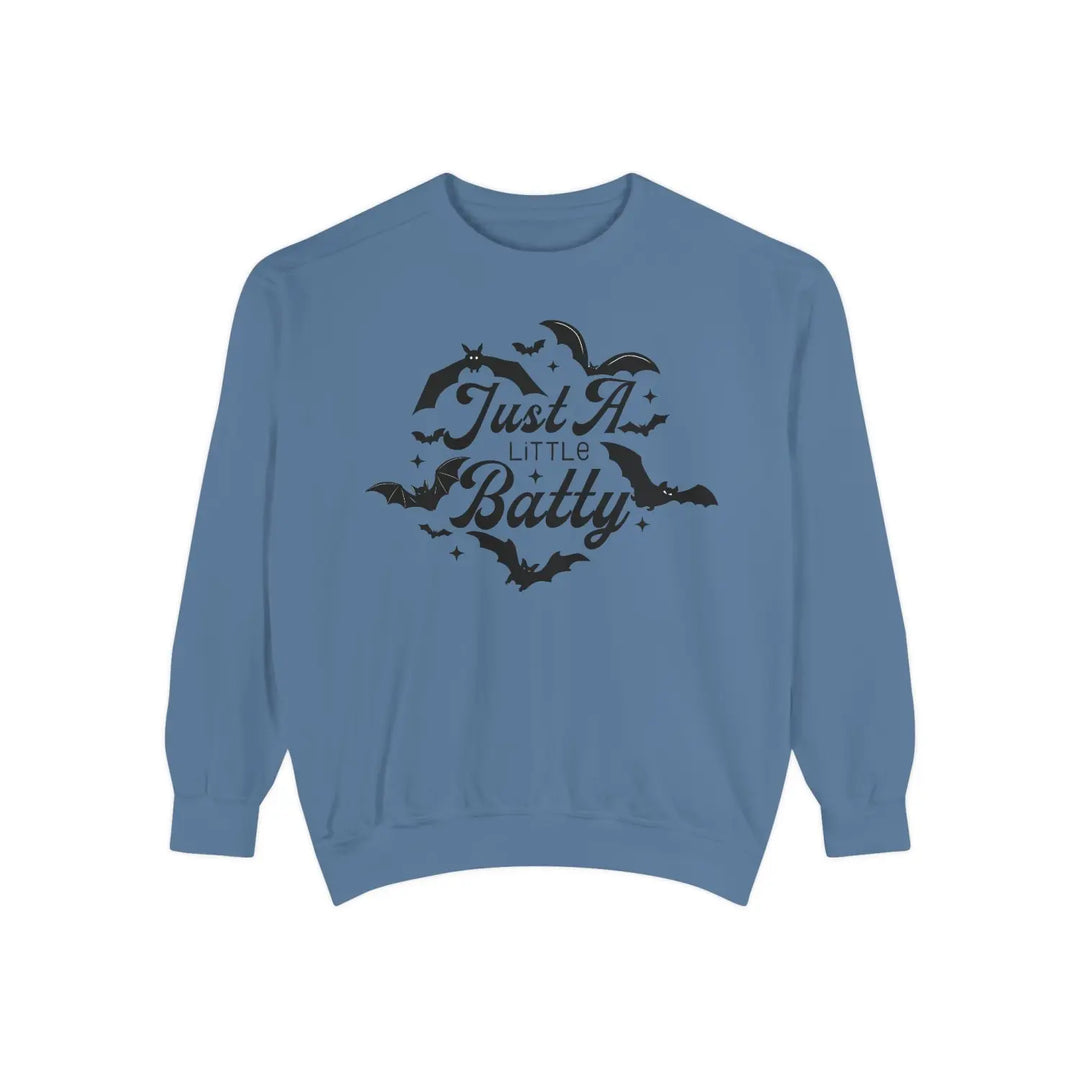 Halloween Unisex Sweatshirt Just a Little Batty Cozy Fall Apparel Cute Spooky Top Gift for Lovers Comfortable Bat Blue