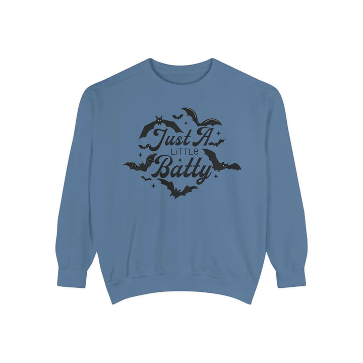 Halloween Unisex Sweatshirt Just a Little Batty Cozy Fall Apparel Cute Spooky Top Gift for Lovers Comfortable Bat Blue