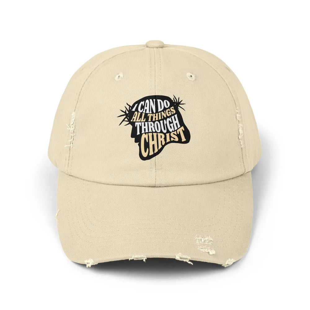 Inspirational Distressed Baseball Cap – ’All Things Through Christ’ Faith-Based Hat for Daily Motivation Religious