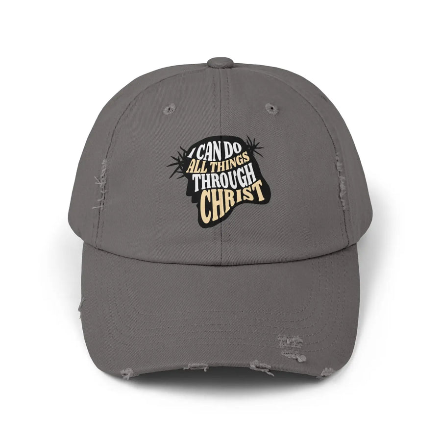 Inspirational Distressed Baseball Cap – ’All Things Through Christ’ Faith-Based Hat for Daily Motivation Religious