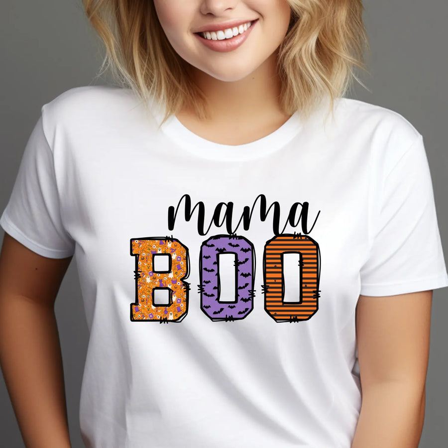 Mama Boo Halloween Shirt Adult Family Matching Outfit Trick-or-Treat Mom Tee Festive Top Soft Cotton Unisex - T-Shirt